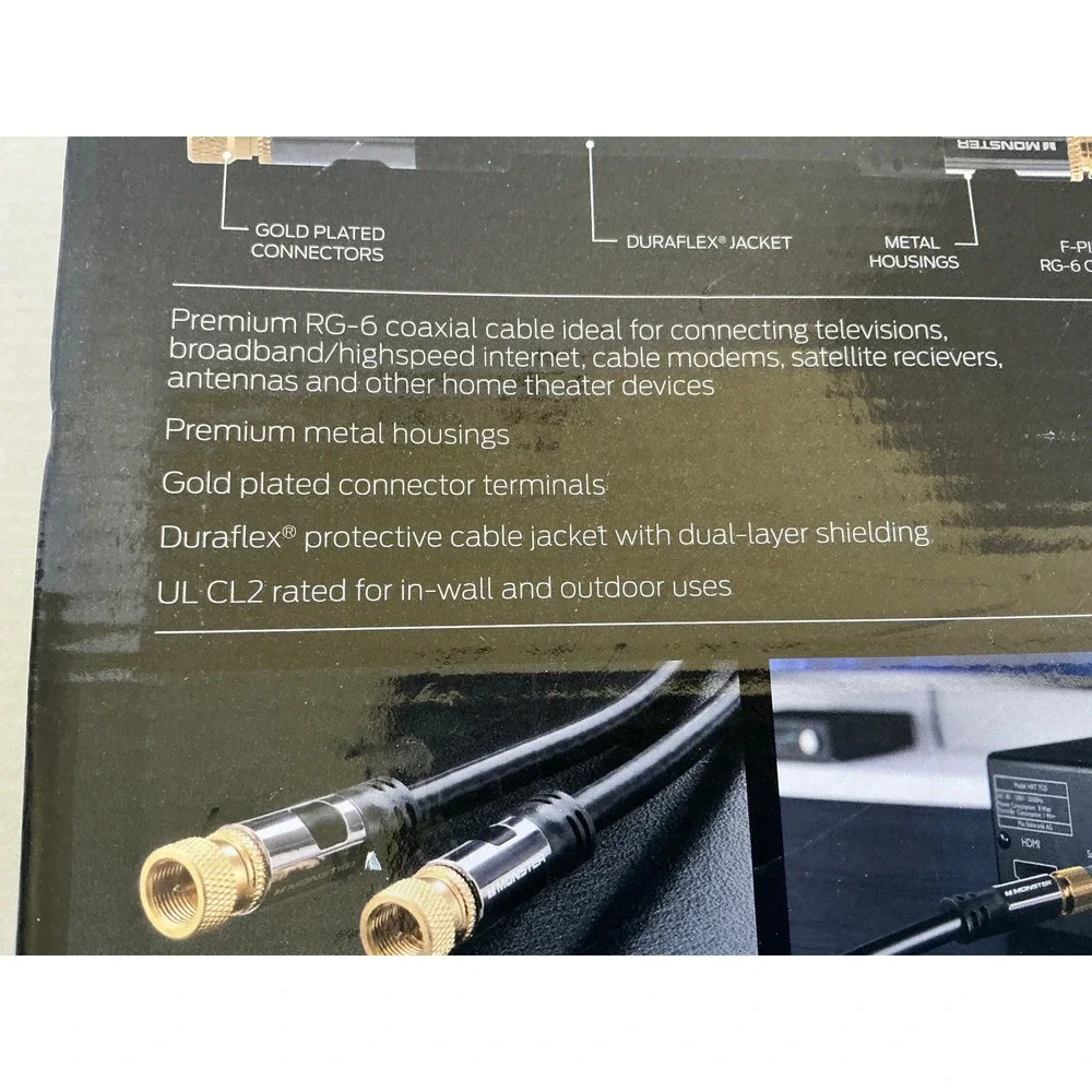 Monster Coaxial RG-6 Cable 50ft In-Wall Rated Gold Plated Connectors‎ Black NWT